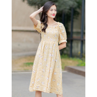 美丽衣橱小清新花朵连衣裙女装2021夏高腰短袖学生中裙子