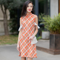 美丽衣橱改良旗袍立领连衣裙女修身显瘦格子a字裙2021夏短裙子