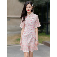 美丽衣橱荷叶边印花连衣裙女复古改良旗袍收腰显瘦短裙子夏装