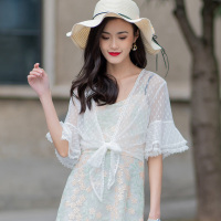 美丽衣橱百搭纯色披肩外套女装新款2021夏短袖系带高腰防晒衣潮