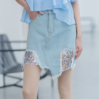 美丽衣橱不规则下摆亮片毛边牛仔裙女2021夏学生半身裙a字短裙
