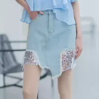 美丽衣橱不规则下摆亮片毛边牛仔裙女2021夏学生半身裙a字短裙