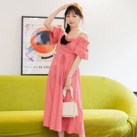 美丽衣橱个性抽绳露肩短袖休闲连衣裙女2021夏高腰显瘦长裙子潮