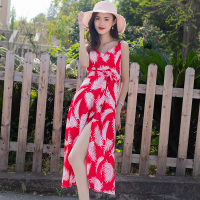 美丽衣橱印花沙滩裙海边度假连衣裙女2021夏装中长裙子百搭
