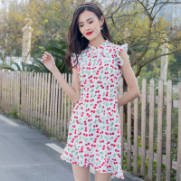 美丽衣橱印花荷叶边连衣裙女2021夏复古改良旗袍修身显瘦短裙子