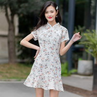 美丽衣橱复古改良旗袍印花连衣裙女高腰显瘦荷叶边短裙子夏装