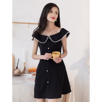 美丽衣橱气质小黑裙娃娃领收腰连衣裙女显瘦a字裙百搭短裙子夏