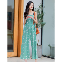 美丽衣橱波点吊带连体裤女松紧高腰休闲阔腿长裤子时尚百搭夏装