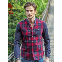 Camel/骆驼春款新款无弹扣领尖领拼色格子纯棉长袖衬衫男