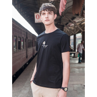 CAMEL骆驼男装 2018年夏季新款圆领休闲印花T恤 微弹修身纯色短袖上衣