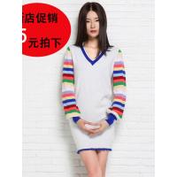 法兰貂秋中长款羊毛针织衫少女V领条纹彩虹灯笼袖BF1190/00400
