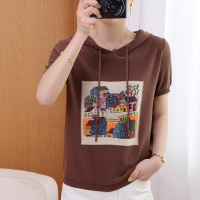 法兰貂纯棉T恤连帽针织款弹性大女宽松纯棉百搭上衣