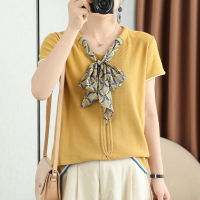 短袖针织衫宽松纯棉T恤女蝴蝶结工装职业OL套头衫