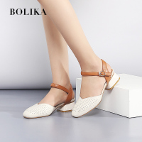 柏丽卡凉鞋女夏2018新款韩版包头女凉鞋真皮粗跟一字扣罗马凉鞋女