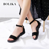 凉鞋女学生夏2018新款平底百搭韩版真皮一字扣休闲厚底罗马凉鞋女