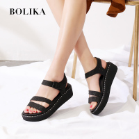 柏丽卡平底凉鞋女夏2018新款韩版百搭晚晚鞋水钻一字扣厚底凉鞋女