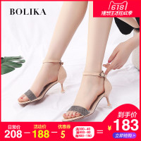 猫跟凉鞋女夏2018新款韩版露趾方头水钻一字带细跟中跟高跟女凉鞋