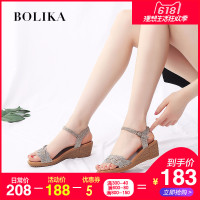 柏丽卡2018新款坡跟厚底凉鞋女夏韩版百搭中跟一字扣带露趾女凉鞋