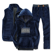 赛丹狐金丝绒抓绒衣三件套卫衣套装男冬季加绒加厚宽松韩版运动休闲装连帽衣服8A2682