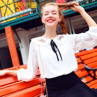 2018新款春款甜美可爱长袖白色雪纺衫女娃娃领上衣洋气小衫衬衣仙