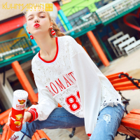 2018新款春装小心机个性上衣女长袖白色卫衣ins潮人短款蕾丝衫火