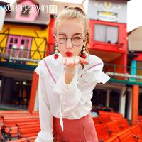 库恩玛维甜色木耳边百褶喇叭袖雪纺衫女2018新款衬衫上衣可爱小清新仙