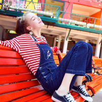 2018新款春秋学生勾勾ins背带裤女韩版大勾子宽松裤子猫爪牛仔裤