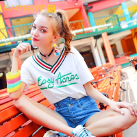 彩虹条纹V领短袖T恤女2018夏装新款学院风学生闪亮晶宽松白色上衣