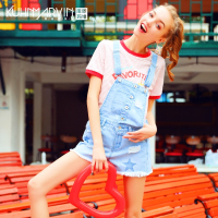 牛仔背带裤女2018新款夏季韩版宽松学生学院风破洞毛边流苏短裤潮