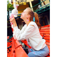 可爱少女小心机拉链露肩卫衣女2018秋装新款飘带学生上衣女生薄款