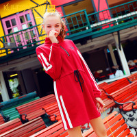 库恩玛维休闲运动风抽绳立领宽松连衣裙女秋撞色拼接收腰棒球裙潮