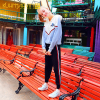 休闲宽松撞色连帽抽绳系带卫衣女套头学生2018秋装新款帽衫上衣薄