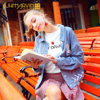 甜美小清新刺绣短外套女2018秋季新款个性绑带单排扣灯芯绒上衣潮