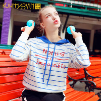 库恩玛维2018秋季女装新款蓝色条纹卫衣女连帽毛衣针织衫学生上衣