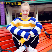 小清新甜美毛衣女2018新款秋冬宽松糖果色条纹套头学生针织衫上衣