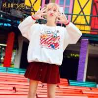 2018秋季新款休闲运动宽松学生卫衣加薄绒撞色印花白色长袖上衣女