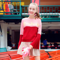 库恩玛维撞色字母圆领宽松套头针织衫2018秋装新款喇叭袖毛衣女薄