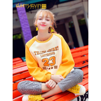 春秋圆领套头黄色卫衣女学生休闲运动宽松棒球衫2018秋装新款上衣