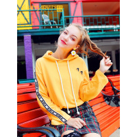库恩玛维秋季新款韩版纯色袖口印花宽松百搭学院风连帽薄款卫衣女