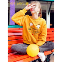 库恩玛维小清新黄咪刺绣趣味卫衣女学生毛茸茸宽松软妹上衣秋