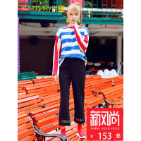 库恩玛维直筒休闲九分裤女撞色字母刺绣休闲学院风脚口拼色微喇裤