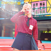 ins潮领带衬衫女红色格子衬衣女韩版长袖学院风上衣2018新款秋装