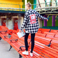 库恩玛维韩版长袖嘻哈原宿风bf中长款格子印花织带宽松衬衫外套女