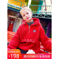 2018秋冬新款韩版圈圈羊羔毛绒大红色卫衣女厚款连帽拉链保暖外套