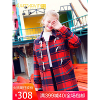 红色格子毛呢外套女2018新款秋冬小个子反季中长款牛角扣呢子大衣