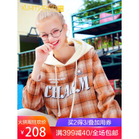 日系少女格子长袖学生连帽卫衣女2018新款秋冬休闲港风套头衫上衣