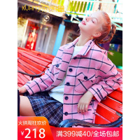 2018新款秋冬女装韩版毛尼粉色格子毛呢外套女学生娃娃版呢子大衣