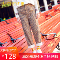 宽松休闲萝卜卷边格子裤英伦风九分翻边毛呢直筒裤女秋冬2018新款