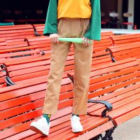 库恩玛维卷边裤子女翻边带毛毛松紧腰九分休闲裤卡其色直筒宽松老爹裤子卡其色