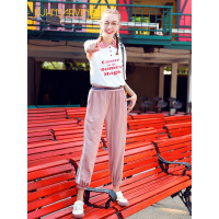 2019春季新款粉色休闲运动裤女束腿九分裤嘻哈垂感哈伦裤灯笼裤子